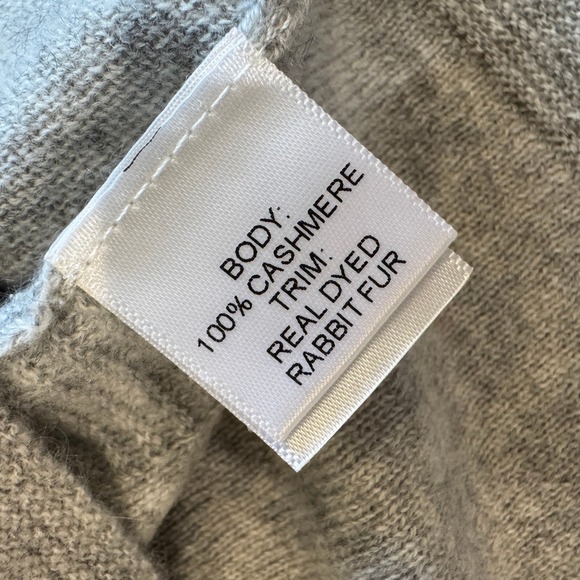 QI Cashmere Sweater Real Rabbit Fur Trim Cowl Neck Light Gray Women's Large - Picture 8 of 8